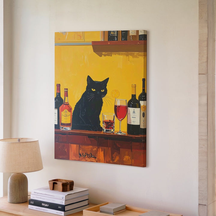 Bar Cat Canvas – Minimalist Black Cat with Wine & Whiskey Wall Art - Gifitto