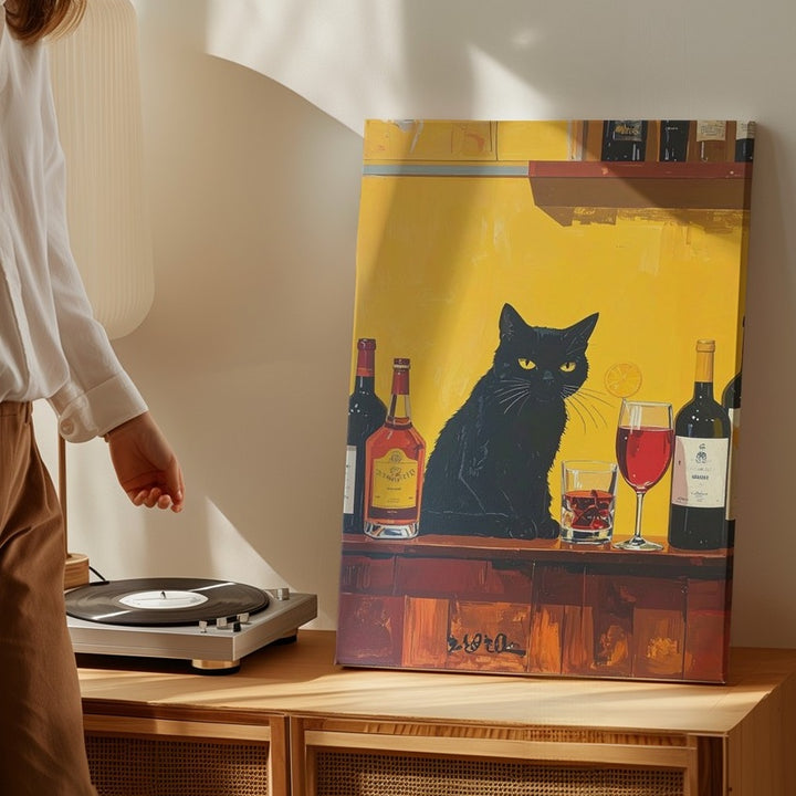 Bar Cat Canvas – Minimalist Black Cat with Wine & Whiskey Wall Art - Gifitto