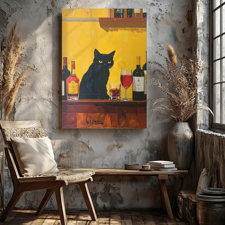 Bar Cat Canvas – Minimalist Black Cat with Wine & Whiskey Wall Art - Gifitto