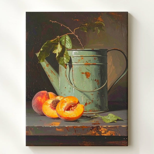 Rustic Watering Can & Peaches Canvas – Classical Still Life Oil Painting - Gifitto