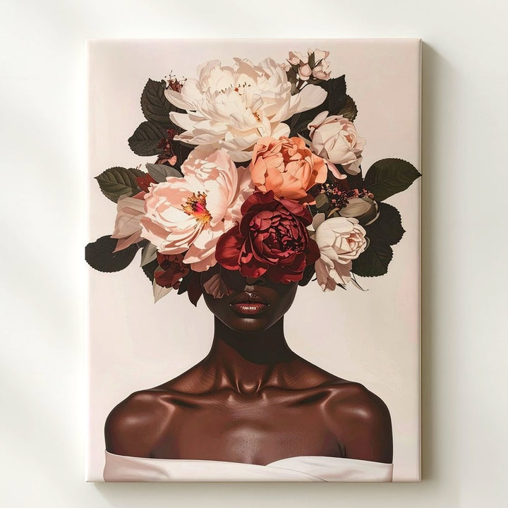 Floral Headdress Portrait Canvas – Surreal Digital Art of Woman with Oversized Flowers - Gifitto