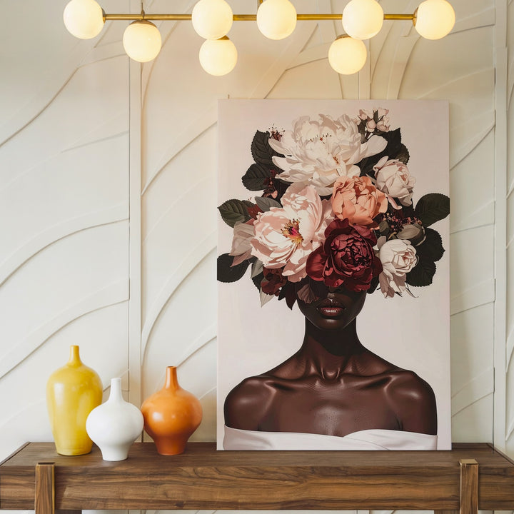 Floral Headdress Portrait Canvas – Surreal Digital Art of Woman with Oversized Flowers - Gifitto
