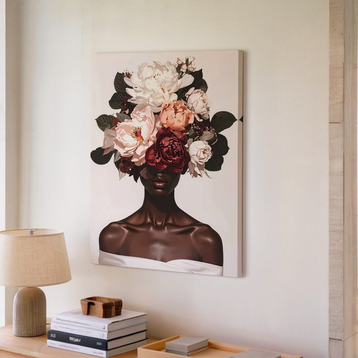 Floral Headdress Portrait Canvas – Surreal Digital Art of Woman with Oversized Flowers - Gifitto