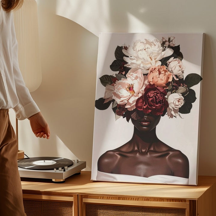 Floral Headdress Portrait Canvas – Surreal Digital Art of Woman with Oversized Flowers - Gifitto