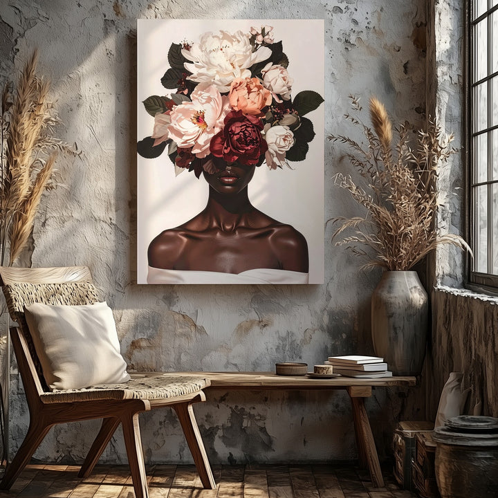 Floral Headdress Portrait Canvas – Surreal Digital Art of Woman with Oversized Flowers - Gifitto