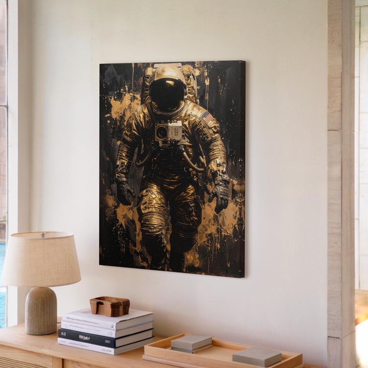 Golden Astronaut Canvas – Futuristic Space Exploration Art - Gifitto