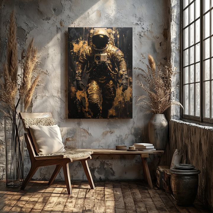 Golden Astronaut Canvas – Futuristic Space Exploration Art - Gifitto