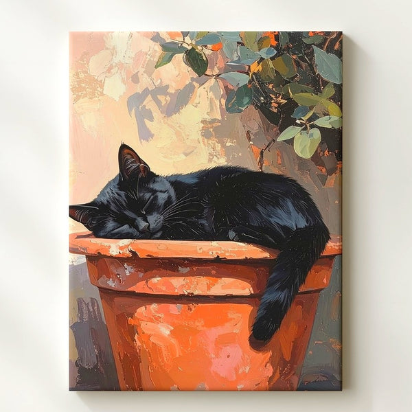 Sleeping Cat in Flower Pot Canvas – Peaceful Painterly Garden Wall Art - Gifitto