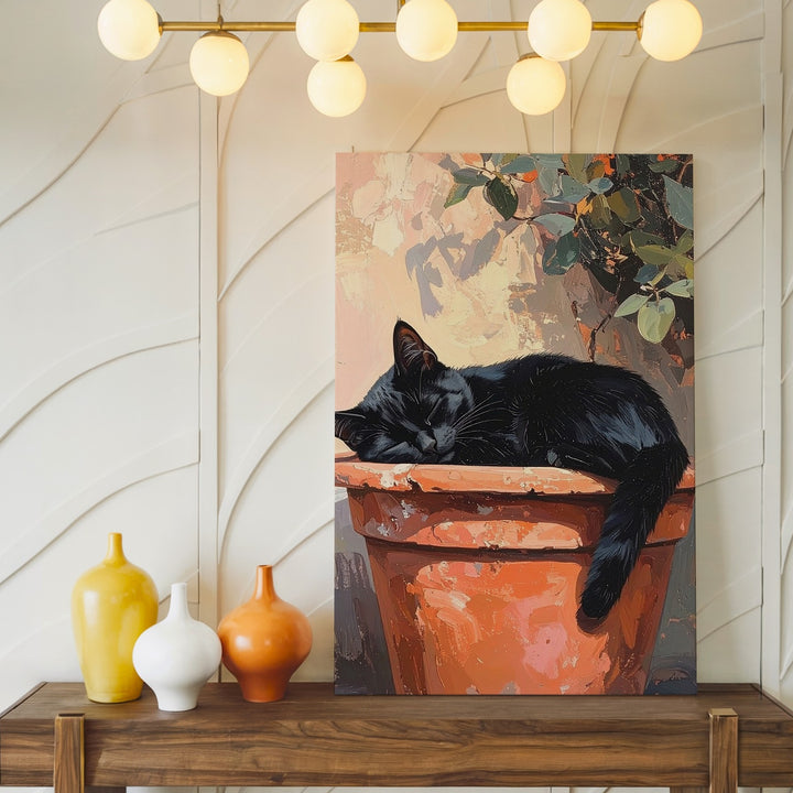Sleeping Cat in Flower Pot Canvas – Peaceful Painterly Garden Wall Art - Gifitto