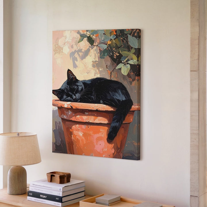 Sleeping Cat in Flower Pot Canvas – Peaceful Painterly Garden Wall Art - Gifitto