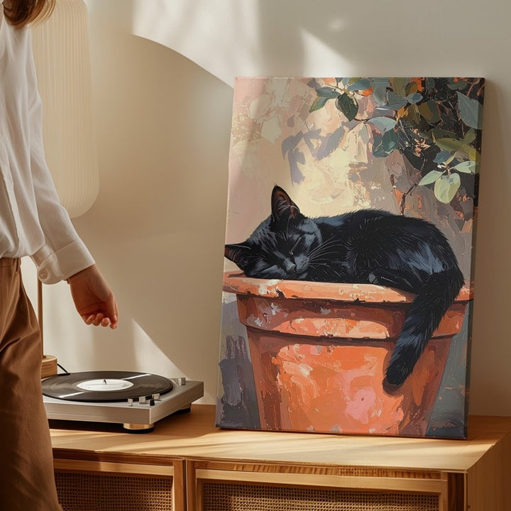 Sleeping Cat in Flower Pot Canvas – Peaceful Painterly Garden Wall Art - Gifitto