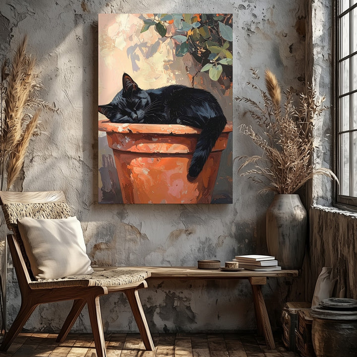 Sleeping Cat in Flower Pot Canvas – Peaceful Painterly Garden Wall Art - Gifitto