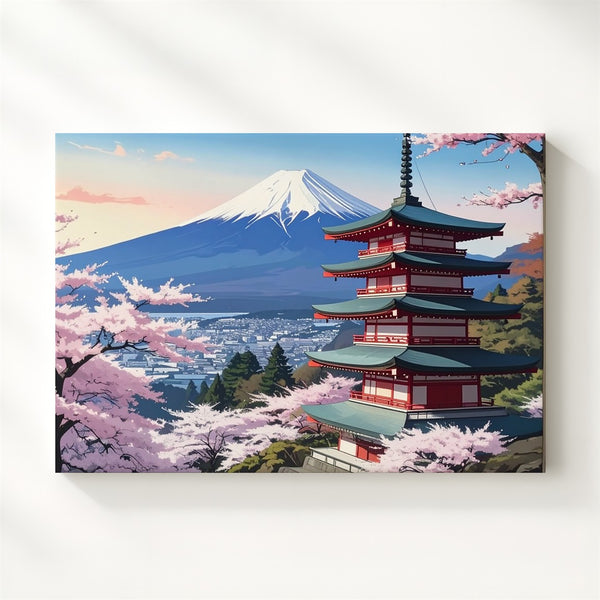 Cherry Blossom Pagoda Canvas – Mount Fuji View with Pink Sakura in Bloom - Gifitto