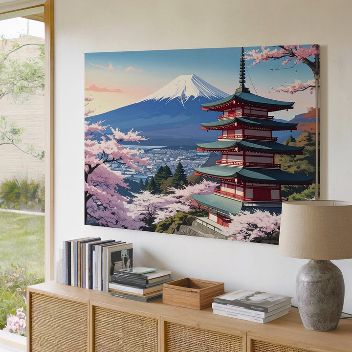 Cherry Blossom Pagoda Canvas – Mount Fuji View with Pink Sakura in Bloom - Gifitto