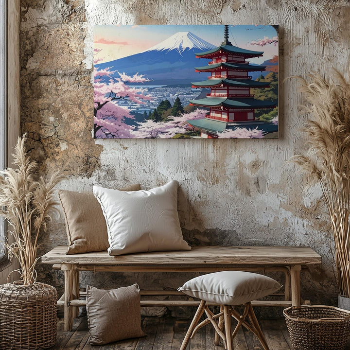 Cherry Blossom Pagoda Canvas – Mount Fuji View with Pink Sakura in Bloom - Gifitto