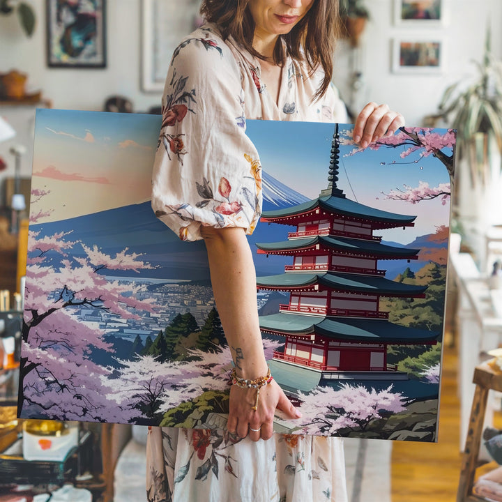 Cherry Blossom Pagoda Canvas – Mount Fuji View with Pink Sakura in Bloom - Gifitto