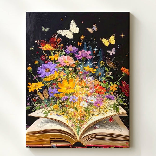 Magical Book of Flowers Canvas – Fantasy Art with Butterflies and Glowing Sparkles - Gifitto