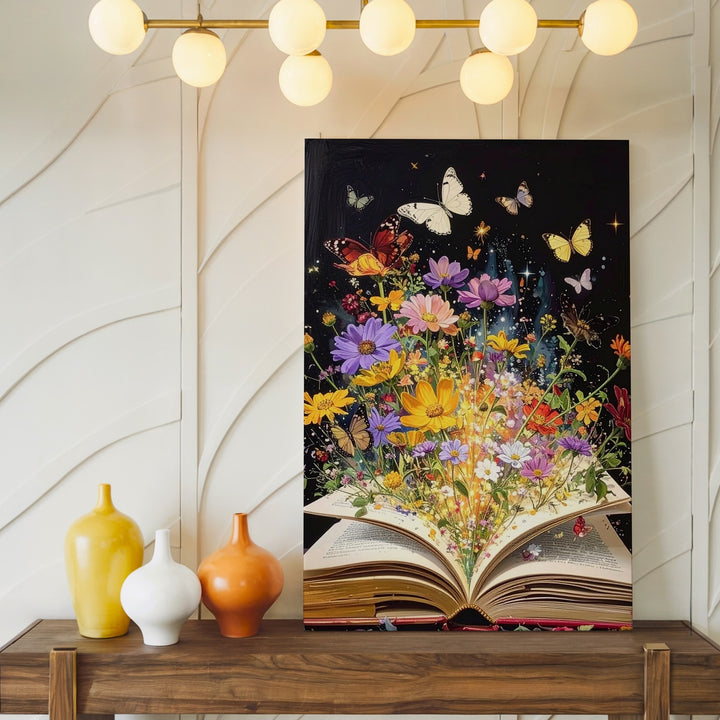 Magical Book of Flowers Canvas – Fantasy Art with Butterflies and Glowing Sparkles - Gifitto
