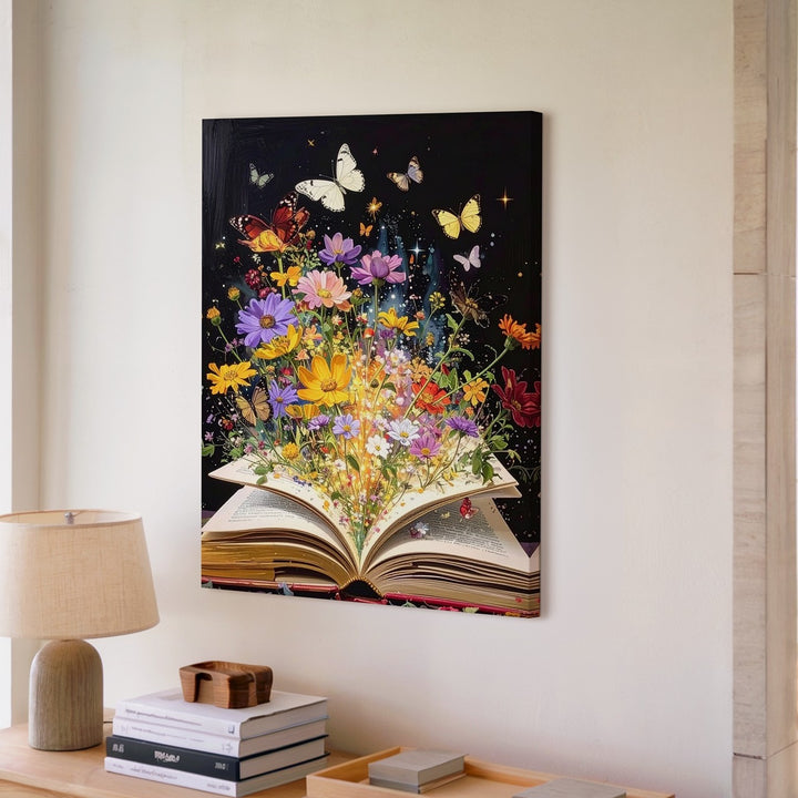 Magical Book of Flowers Canvas – Fantasy Art with Butterflies and Glowing Sparkles - Gifitto