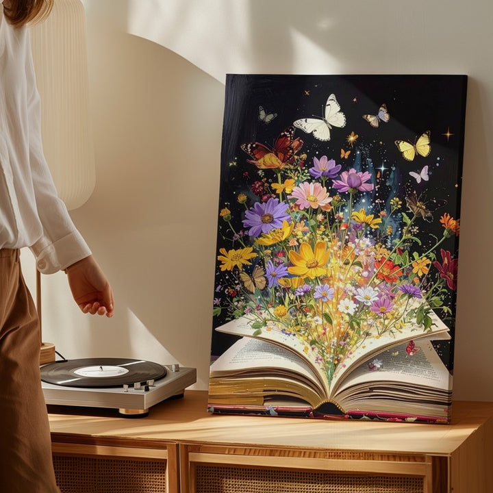 Magical Book of Flowers Canvas – Fantasy Art with Butterflies and Glowing Sparkles - Gifitto