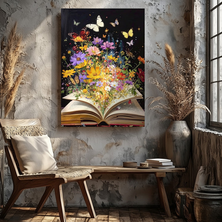 Magical Book of Flowers Canvas – Fantasy Art with Butterflies and Glowing Sparkles - Gifitto