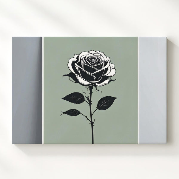 Monochrome Rose Canvas – Elegant Black Silhouette on Olive Green Background - Gifitto