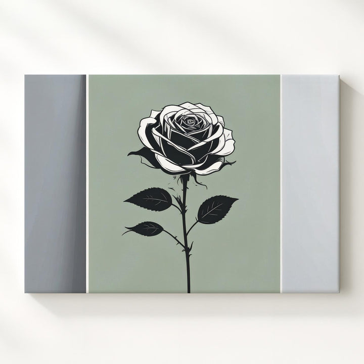 Monochrome Rose Canvas – Elegant Black Silhouette on Olive Green Background - Gifitto