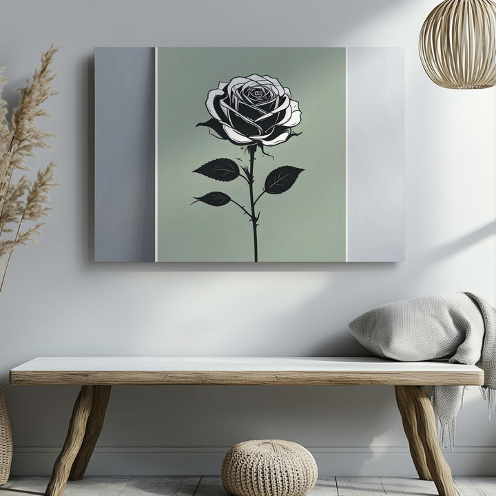Monochrome Rose Canvas – Elegant Black Silhouette on Olive Green Background - Gifitto