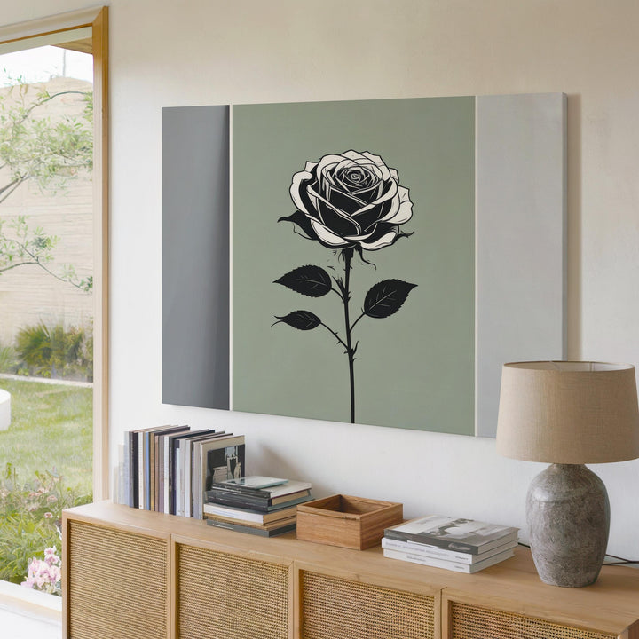 Monochrome Rose Canvas – Elegant Black Silhouette on Olive Green Background - Gifitto