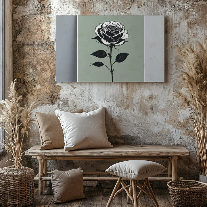 Monochrome Rose Canvas – Elegant Black Silhouette on Olive Green Background - Gifitto