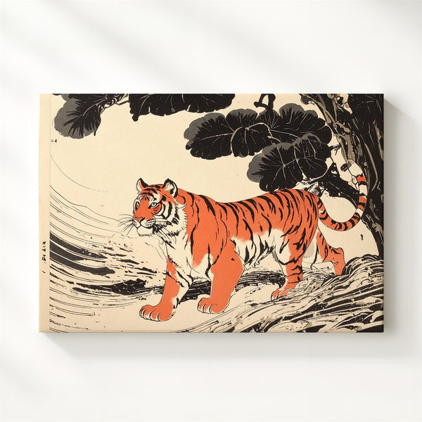 Modern Tiger Print Canvas – Stylized Red-Orange Stripes with Japanese Woodblock Flair - Gifitto