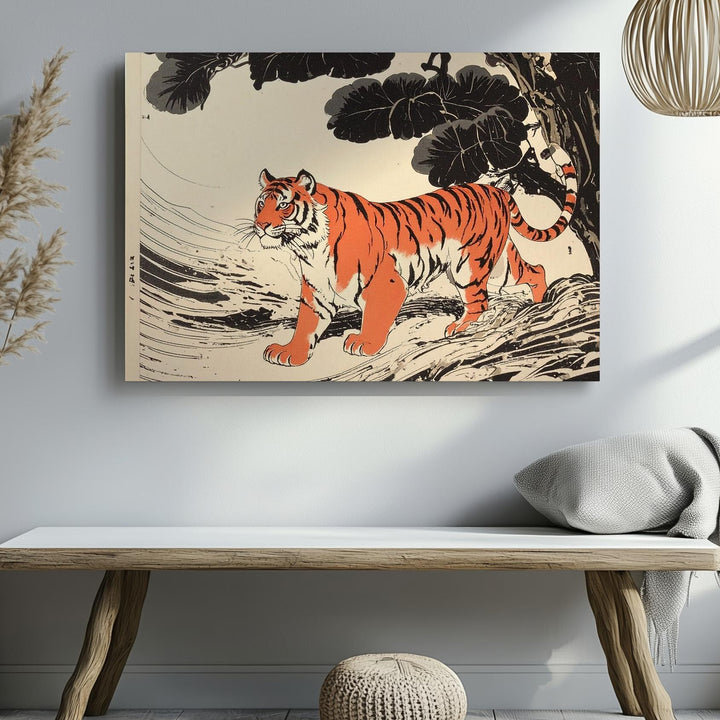 Modern Tiger Print Canvas – Stylized Red-Orange Stripes with Japanese Woodblock Flair - Gifitto