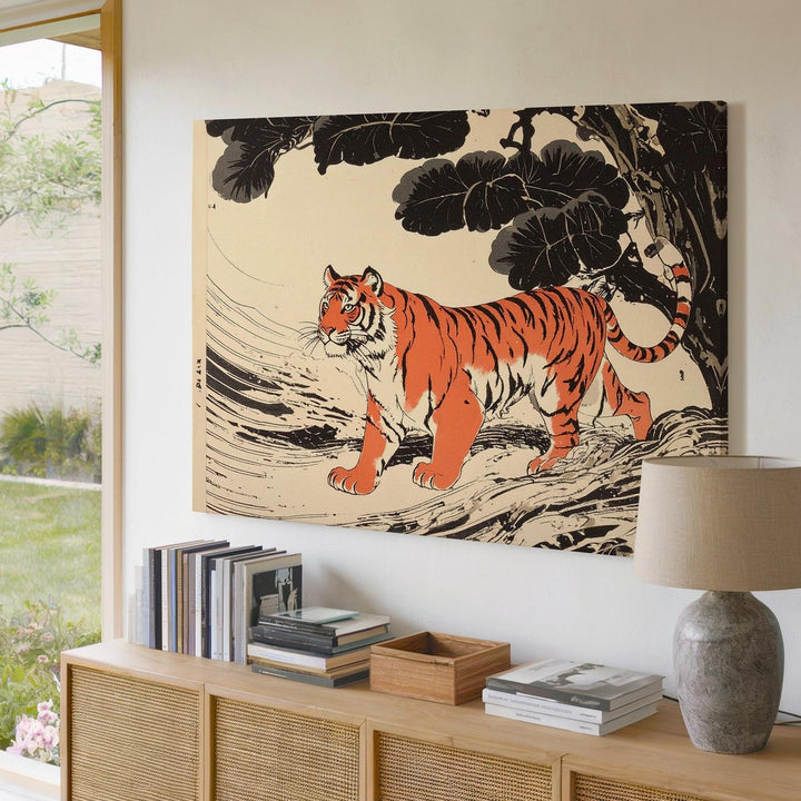 Modern Tiger Print Canvas – Stylized Red-Orange Stripes with Japanese Woodblock Flair - Gifitto