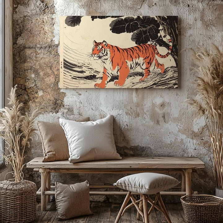Modern Tiger Print Canvas – Stylized Red-Orange Stripes with Japanese Woodblock Flair - Gifitto