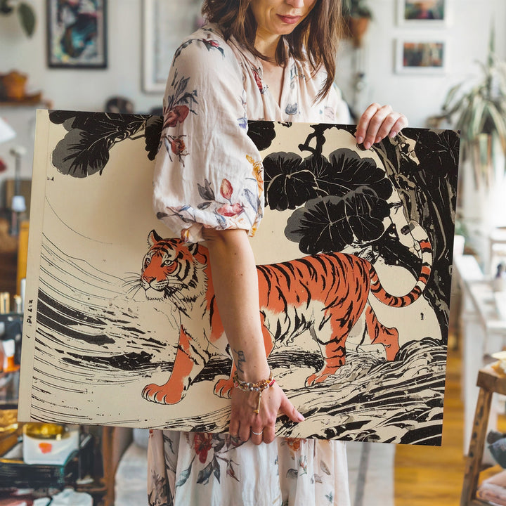 Modern Tiger Print Canvas – Stylized Red-Orange Stripes with Japanese Woodblock Flair - Gifitto
