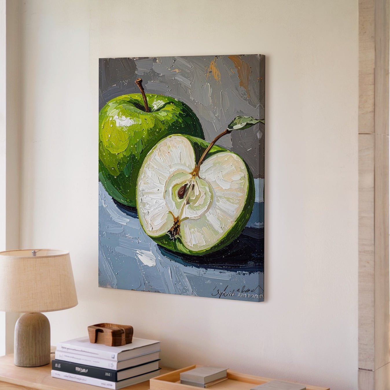 絵画 Apple Granny Smith Apple Canvas – Textured Oil Pastel Fruit Wall Art