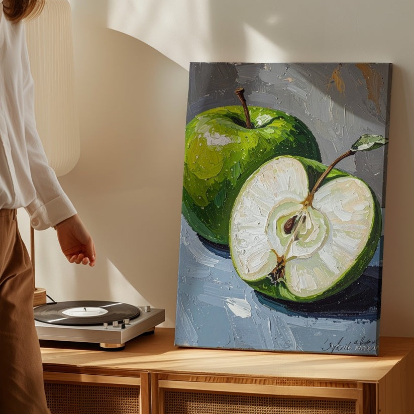Granny Smith Apple Canvas – Textured Oil Pastel Fruit Wall Art