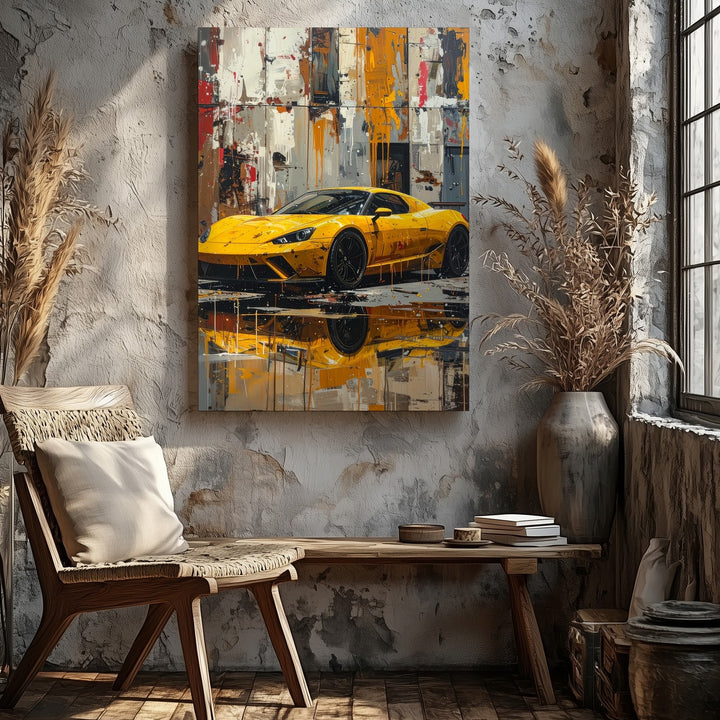 Yellow Lamborghini Huracán Canvas – Grungy Urban Expressionist Car Art - Gifitto