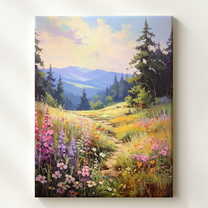 Sunlit Meadow Canvas – Peaceful Landscape with Wildflowers and Pine Trees - Gifitto