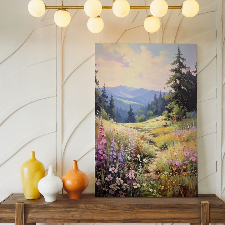 Sunlit Meadow Canvas – Peaceful Landscape with Wildflowers and Pine Trees - Gifitto