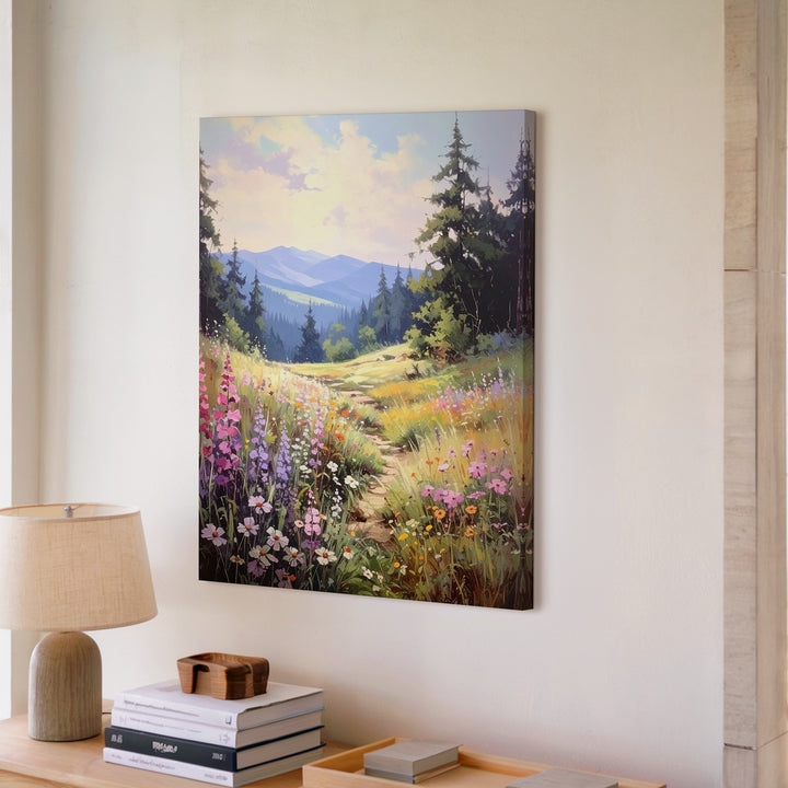 Sunlit Meadow Canvas – Peaceful Landscape with Wildflowers and Pine Trees - Gifitto