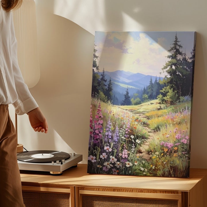 Sunlit Meadow Canvas – Peaceful Landscape with Wildflowers and Pine Trees - Gifitto