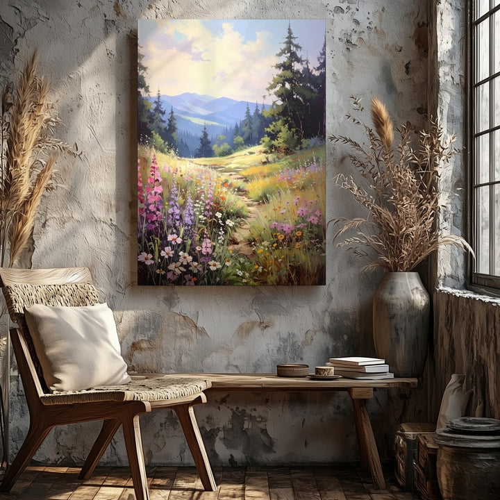 Sunlit Meadow Canvas – Peaceful Landscape with Wildflowers and Pine Trees - Gifitto