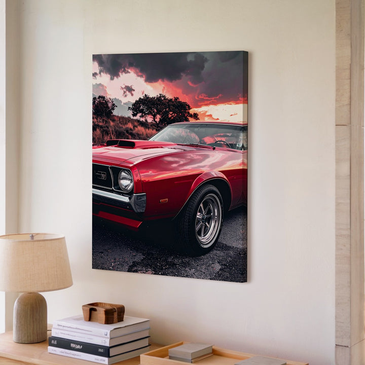 Red Ford Mustang Storm Canvas – Dramatic Sunset Muscle Car Wall Art - Gifitto