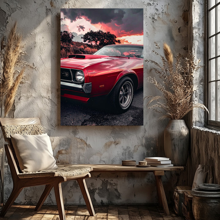 Red Ford Mustang Storm Canvas – Dramatic Sunset Muscle Car Wall Art - Gifitto