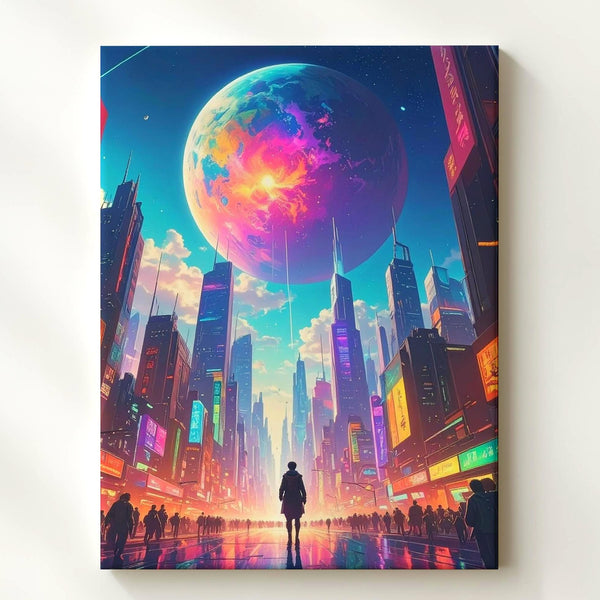 Neon Future City Canvas – Vibrant Futuristic Urban Landscape Art - Gifitto