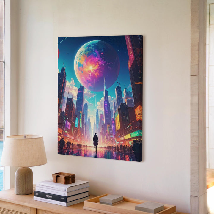 Neon Future City Canvas – Vibrant Futuristic Urban Landscape Art - Gifitto