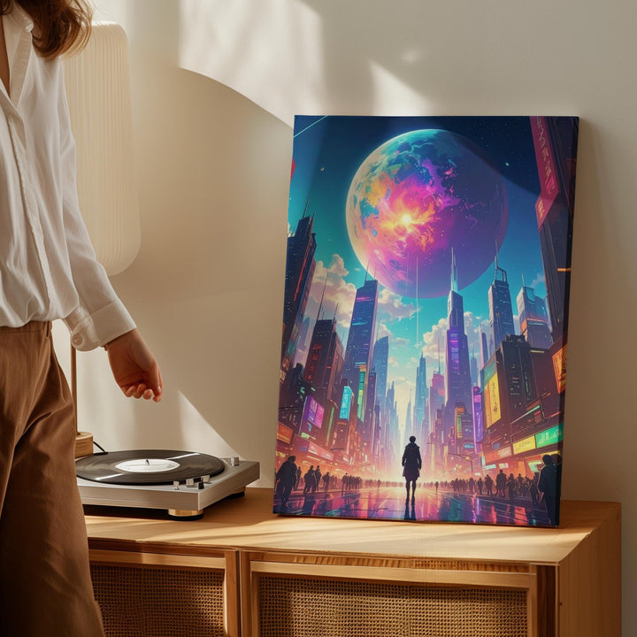Neon Future City Canvas – Vibrant Futuristic Urban Landscape Art - Gifitto