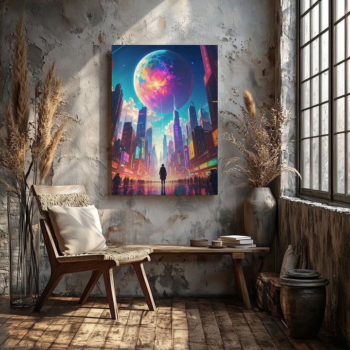 Neon Future City Canvas – Vibrant Futuristic Urban Landscape Art - Gifitto