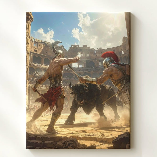 Gladiator vs Minotaur Canvas – Epic Roman Colosseum Battle Art - Gifitto